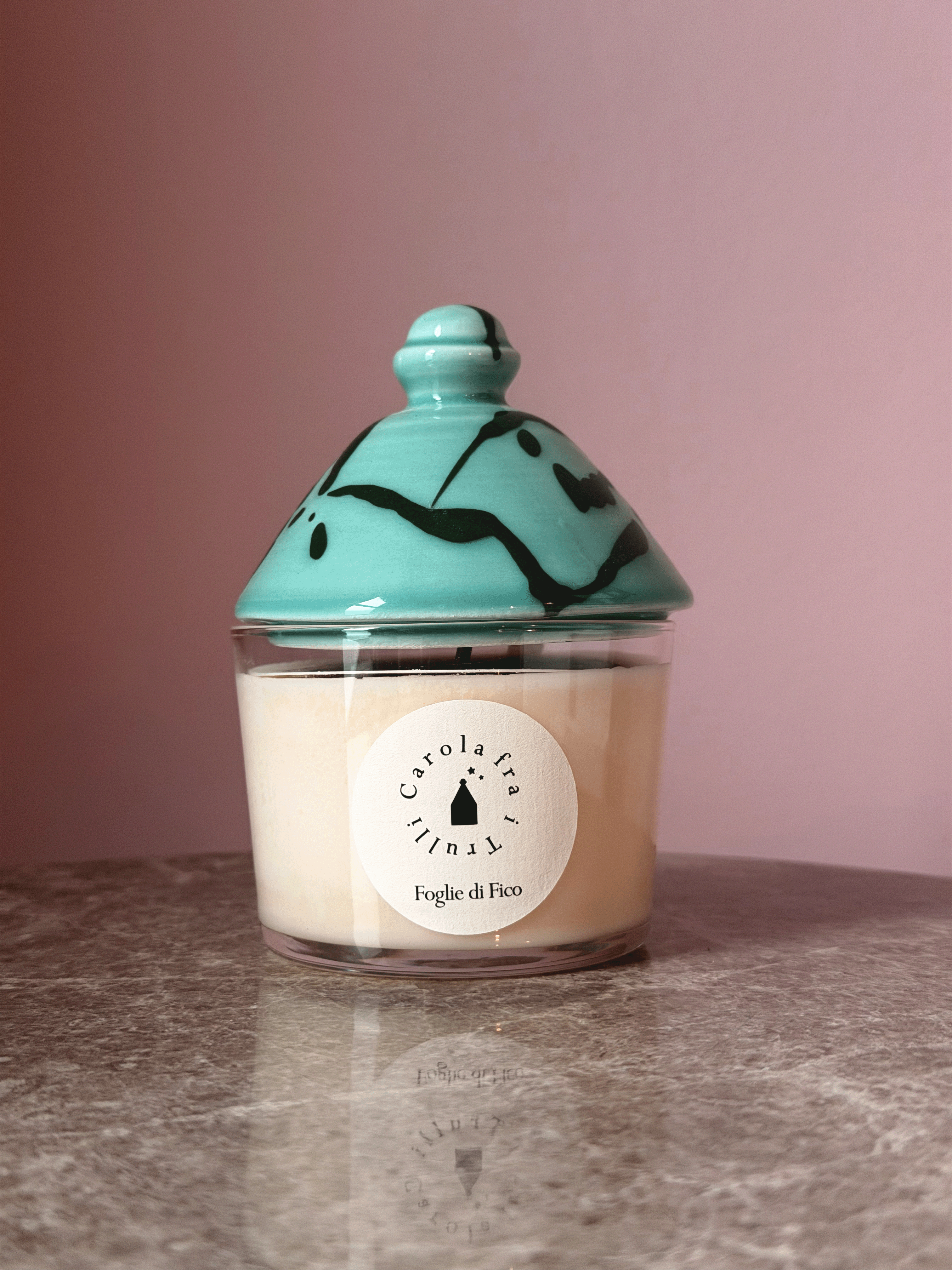 Aqua and Green Small Candle with Lid - Fig Leaves
