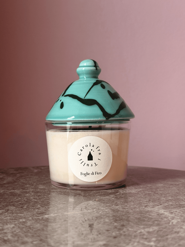 Aqua and Green Small Candle with Lid - Fig Leaves