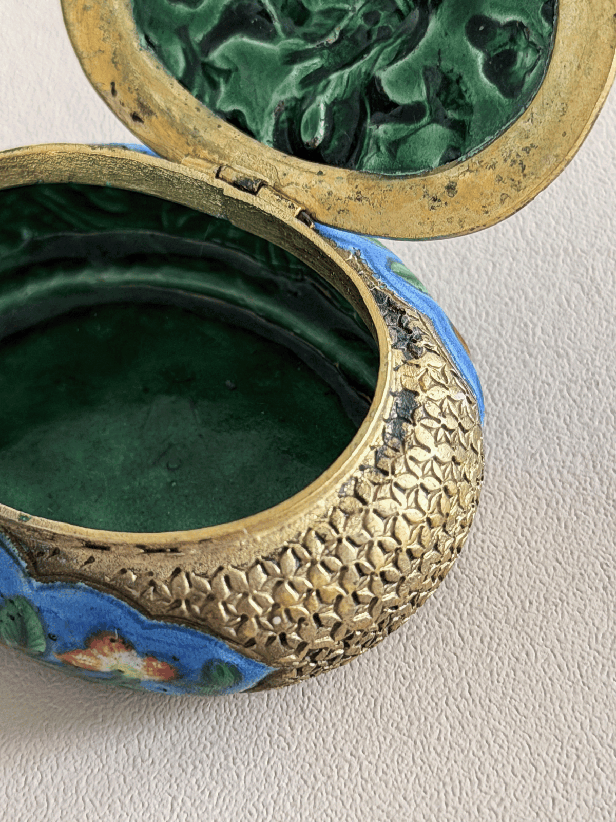 Antique Chinese Export Gilt Metal and Enamel Dragon Trinket Box