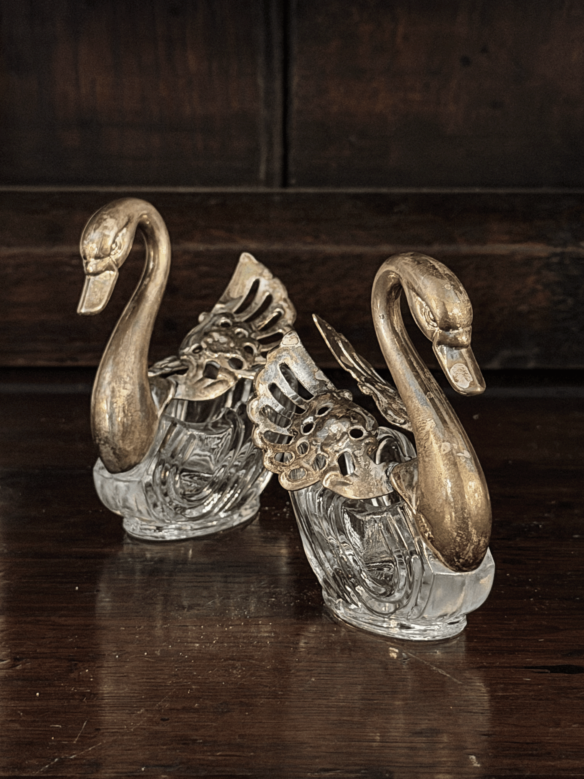 Antique Swan Salt Cellars with Pewter Wings