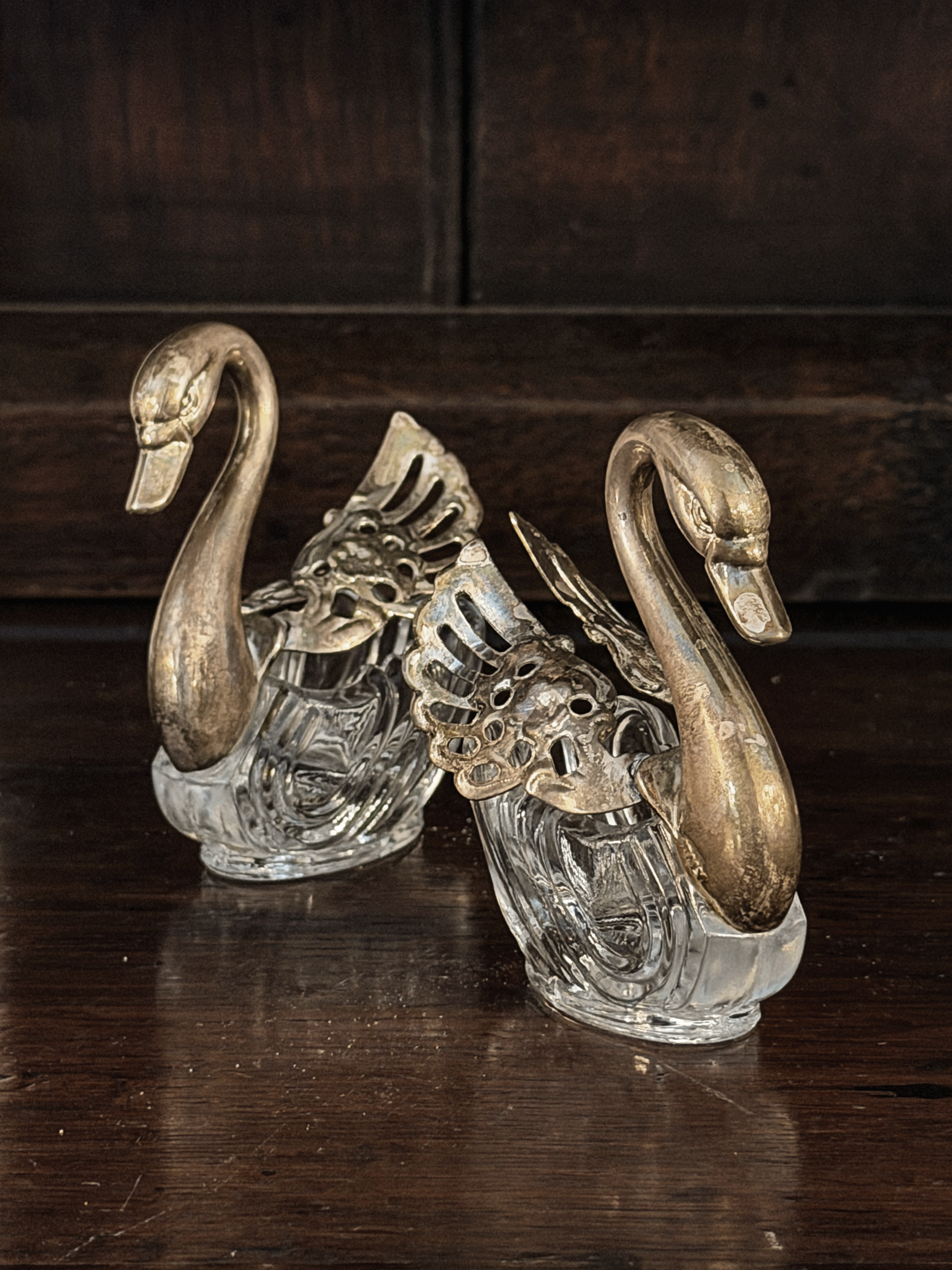 Antique Swan Salt Cellars with Pewter Wings