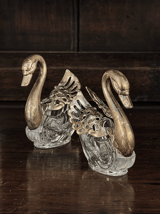 Antique Swan Salt Cellars with Pewter Wings