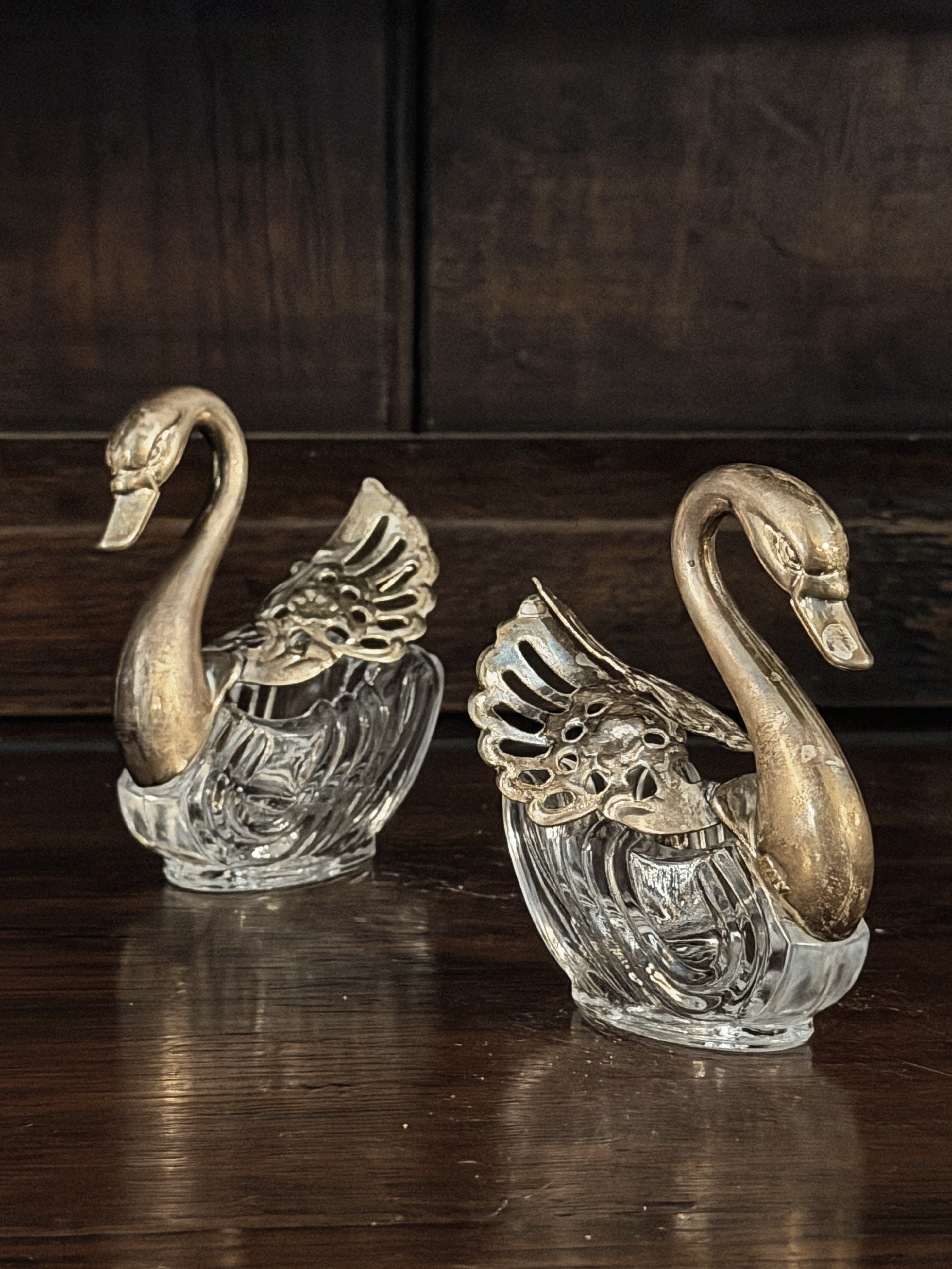 Antique Swan Salt Cellars with Pewter Wings