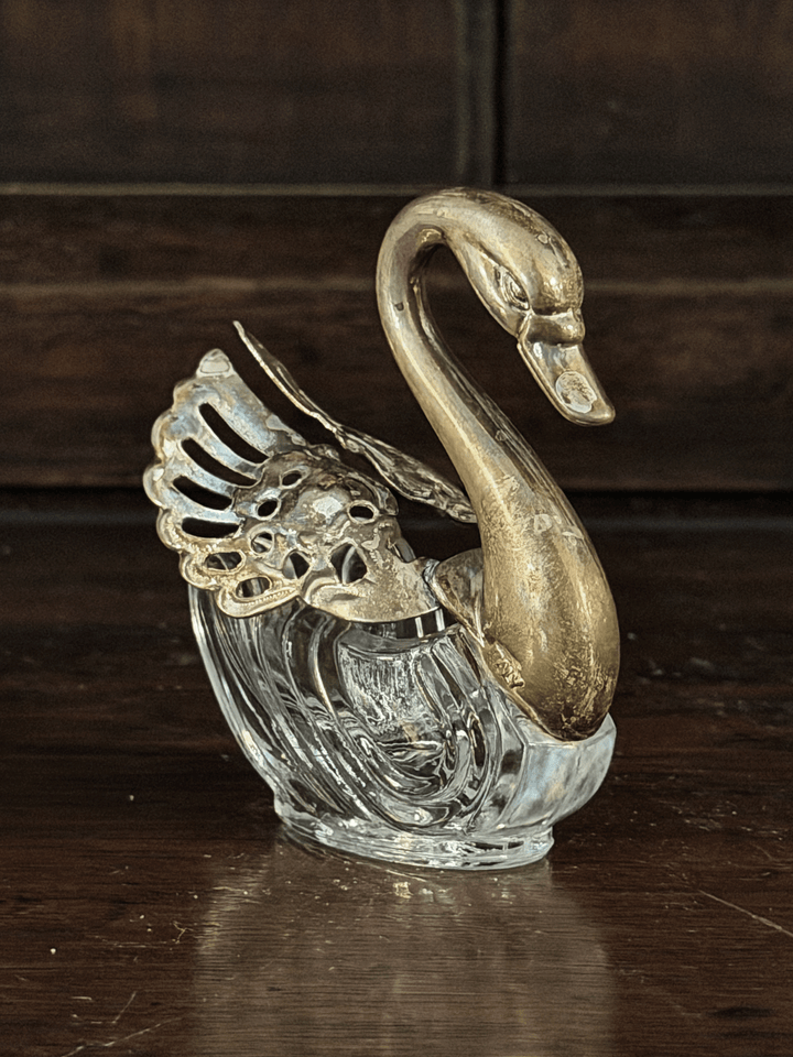 Antique Swan Salt Cellars with Pewter Wings