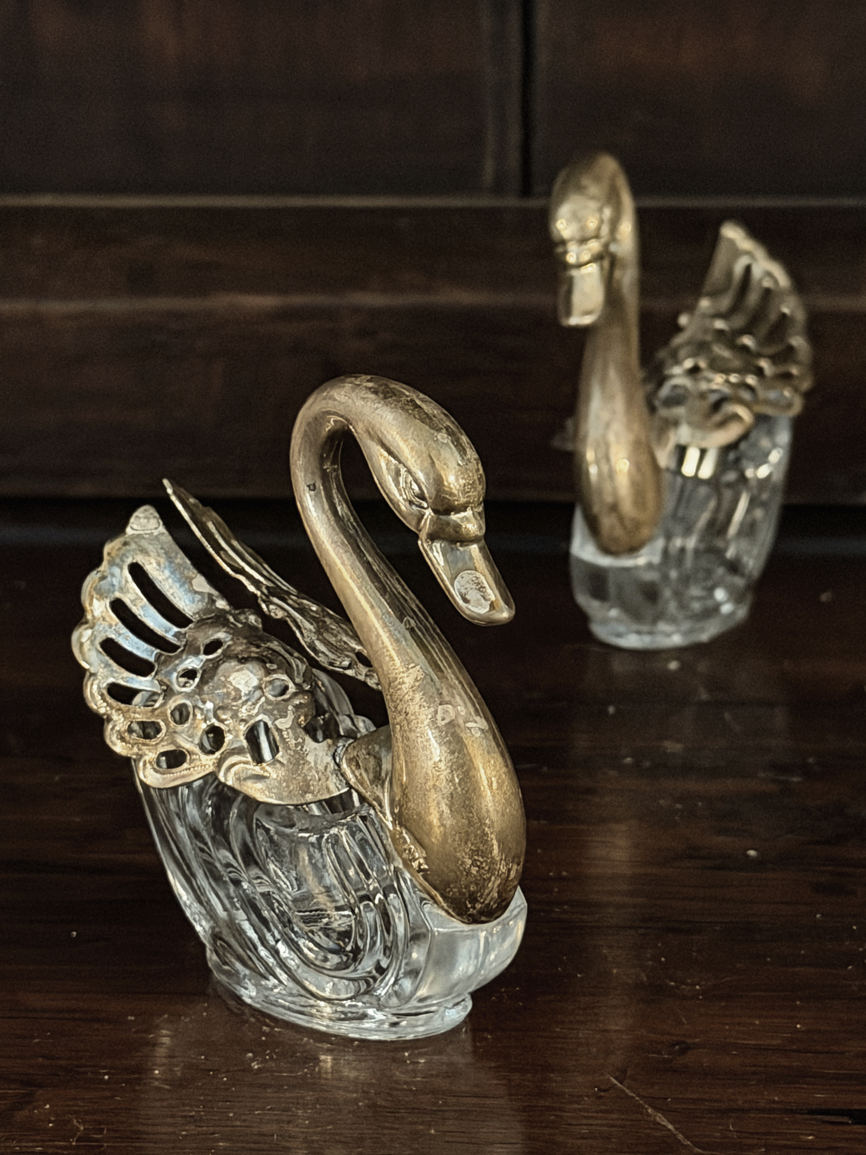 Antique Swan Salt Cellars with Pewter Wings