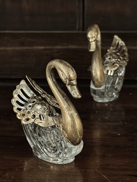 Antique Swan Salt Cellars with Pewter Wings