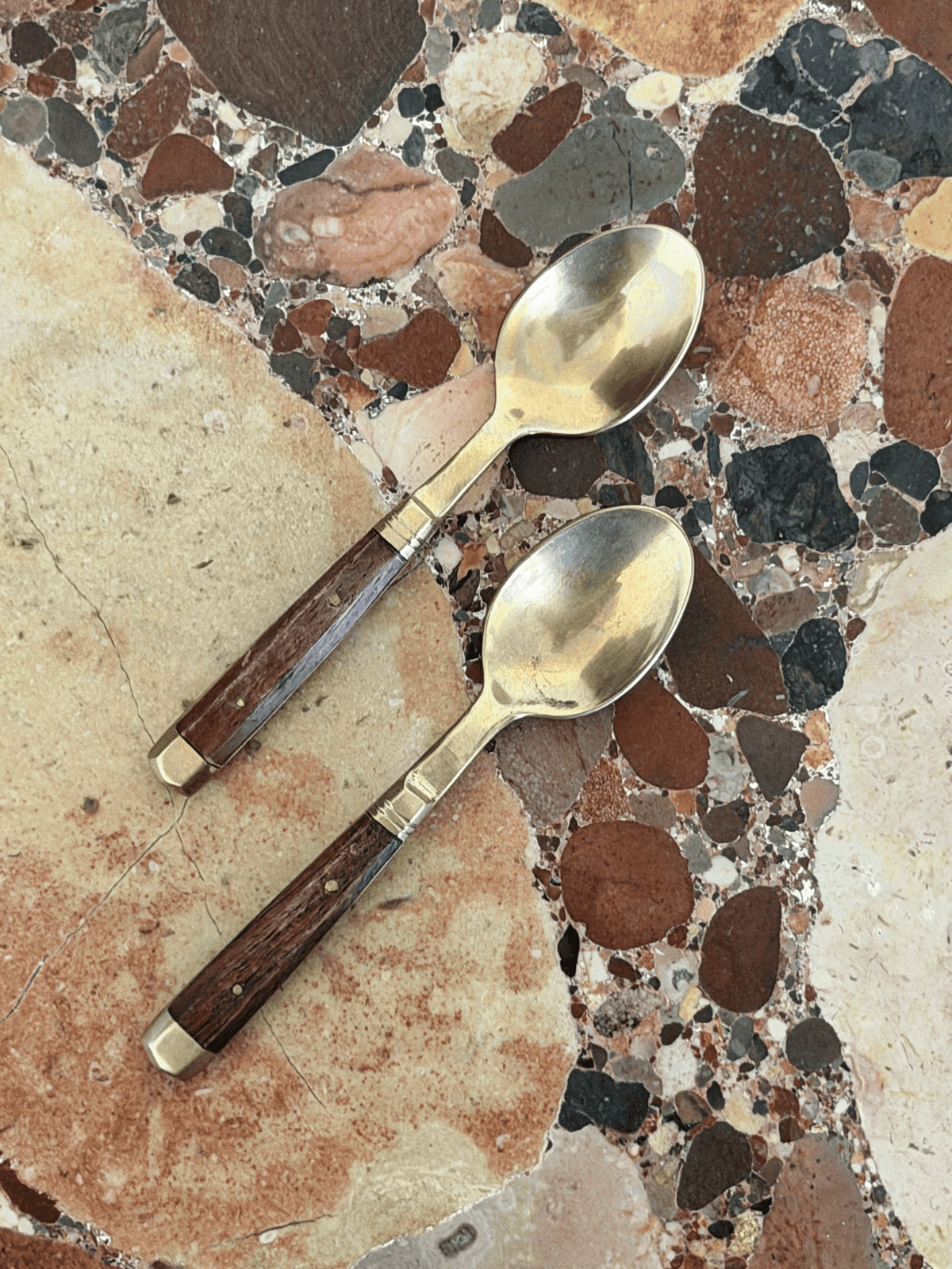 Vintage Mid Century French Brass Rosewood Demitasse Spoons, Set of 6