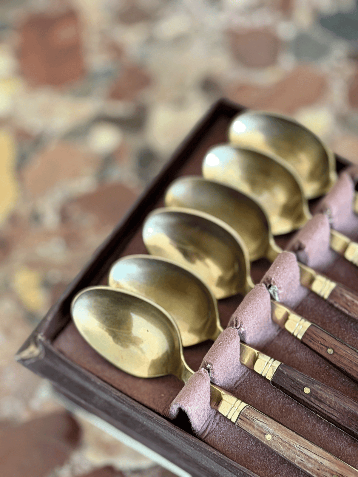 Vintage Mid Century French Brass Rosewood Demitasse Spoons, Set of 6