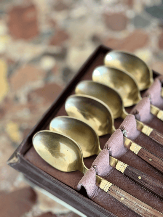 Vintage Mid Century French Brass Rosewood Demitasse Spoons, Set of 6