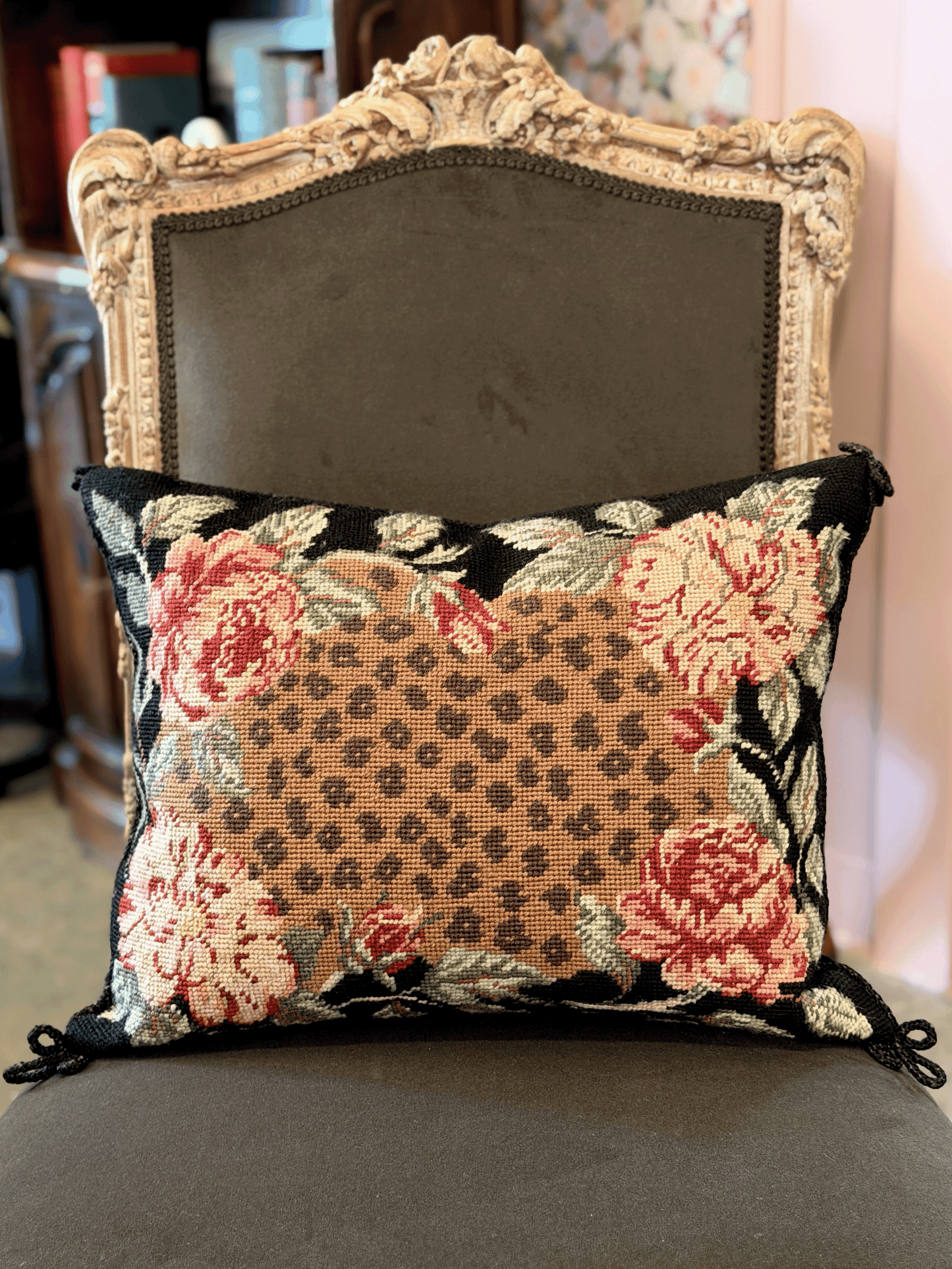 Vintage Needlepoint, Leopard Rose – Throw Pillow