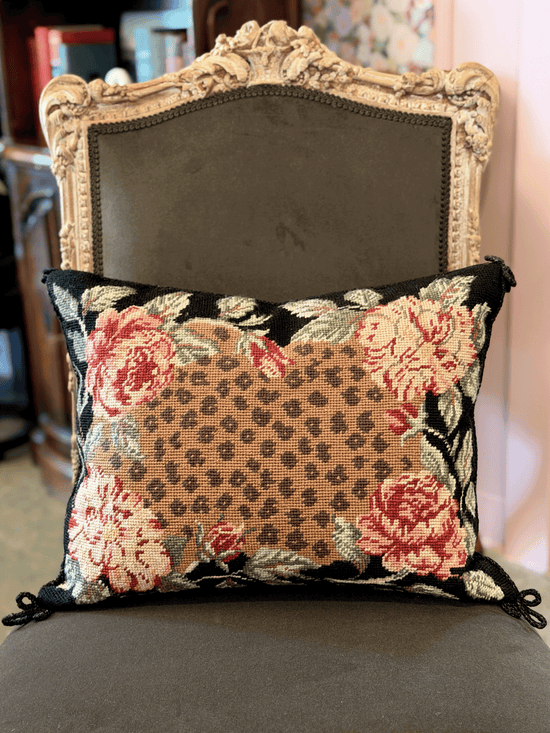Vintage Needlepoint, Leopard Rose – Throw Pillow