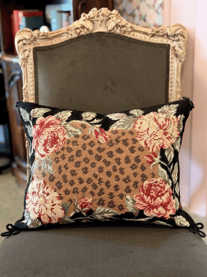 Vintage Needlepoint, Leopard Rose – Throw Pillow