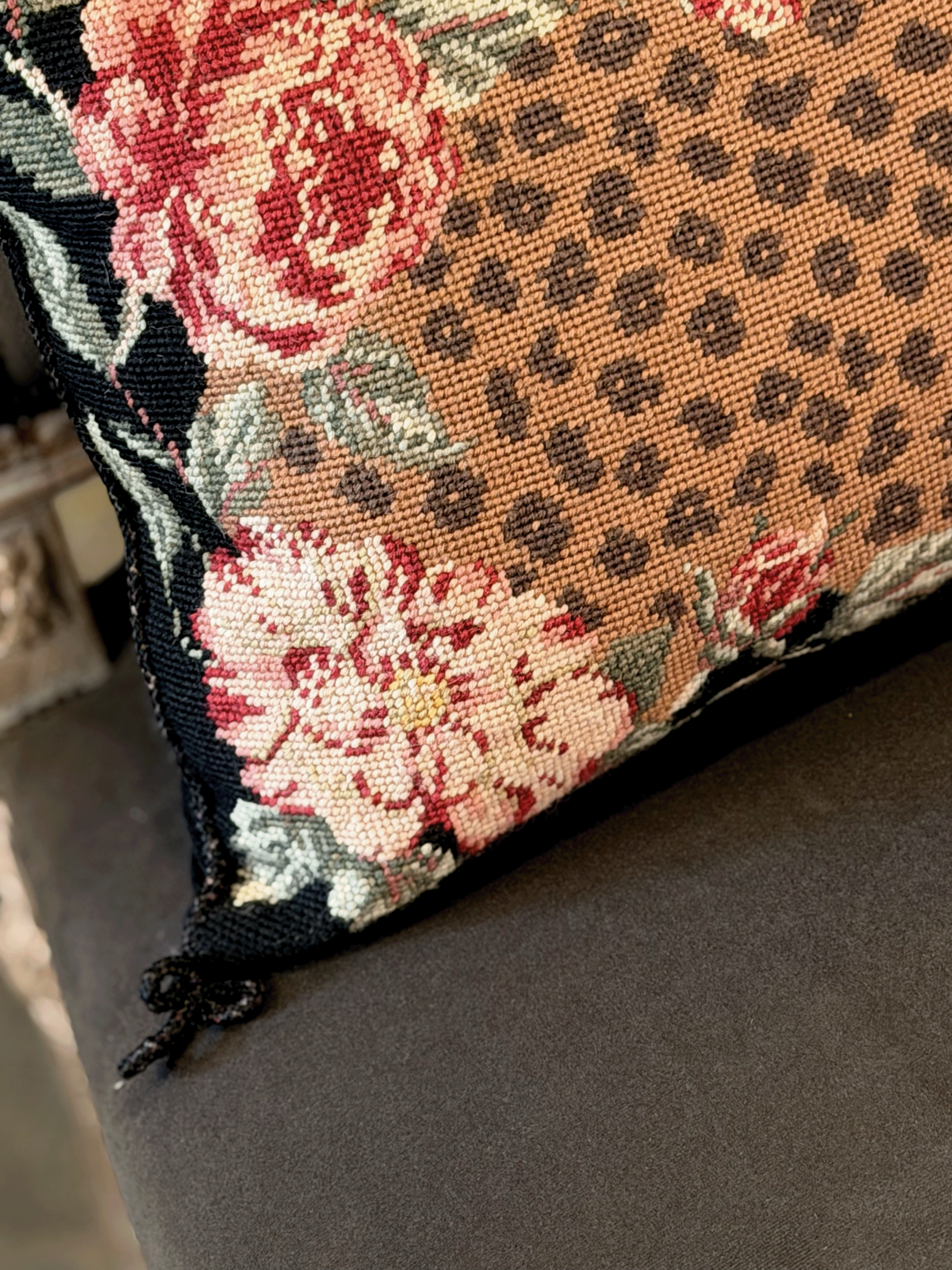 Vintage Needlepoint, Leopard Rose – Throw Pillow