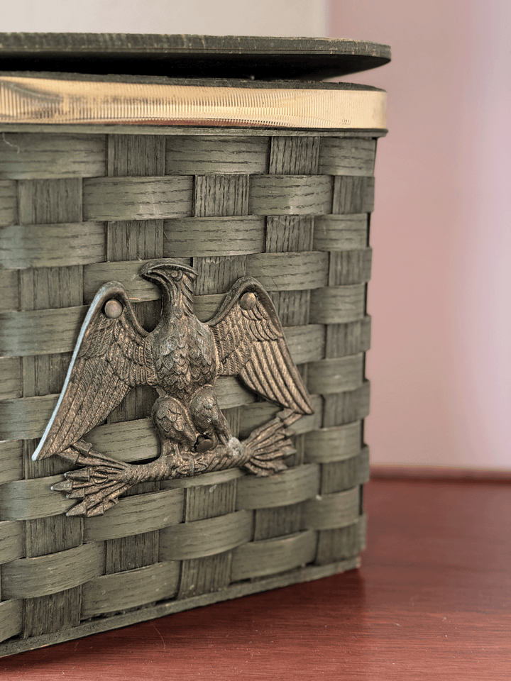 Vintage Green Woven Basket with Metal Eagle
