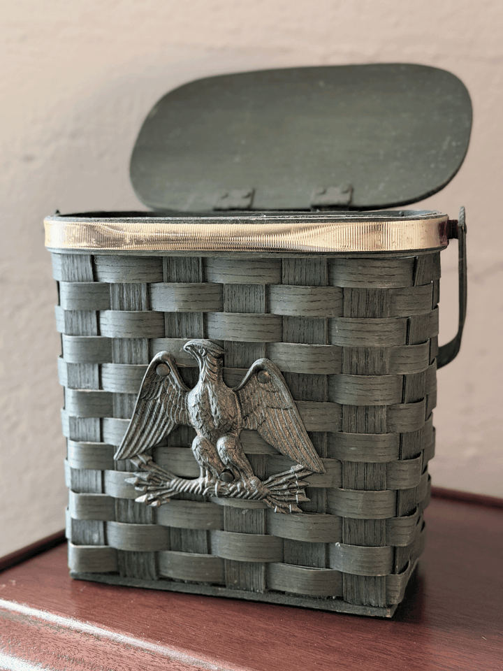 Vintage Green Woven Basket with Metal Eagle