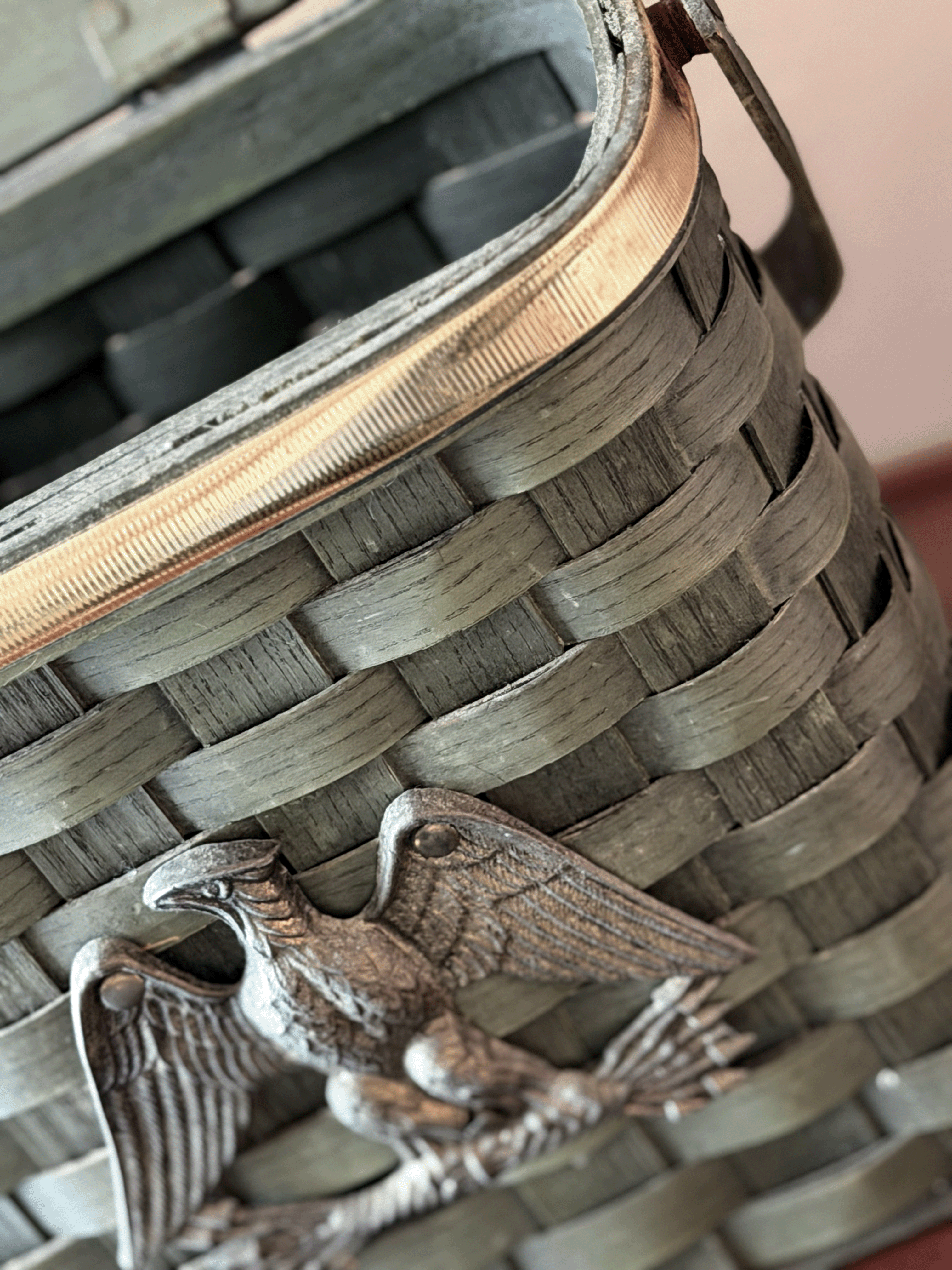 Vintage Green Woven Basket with Metal Eagle