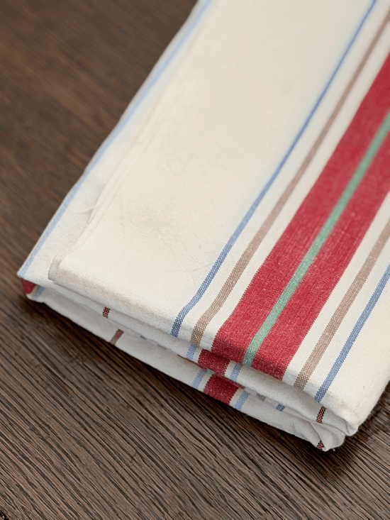 French Tea Towel in Red, Sage, Tan, Blue