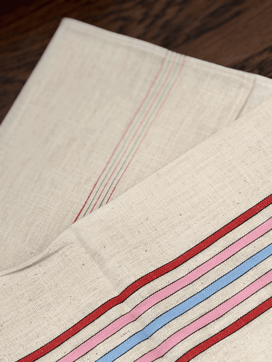 French Tea Towel in Red, Pink, and Blue