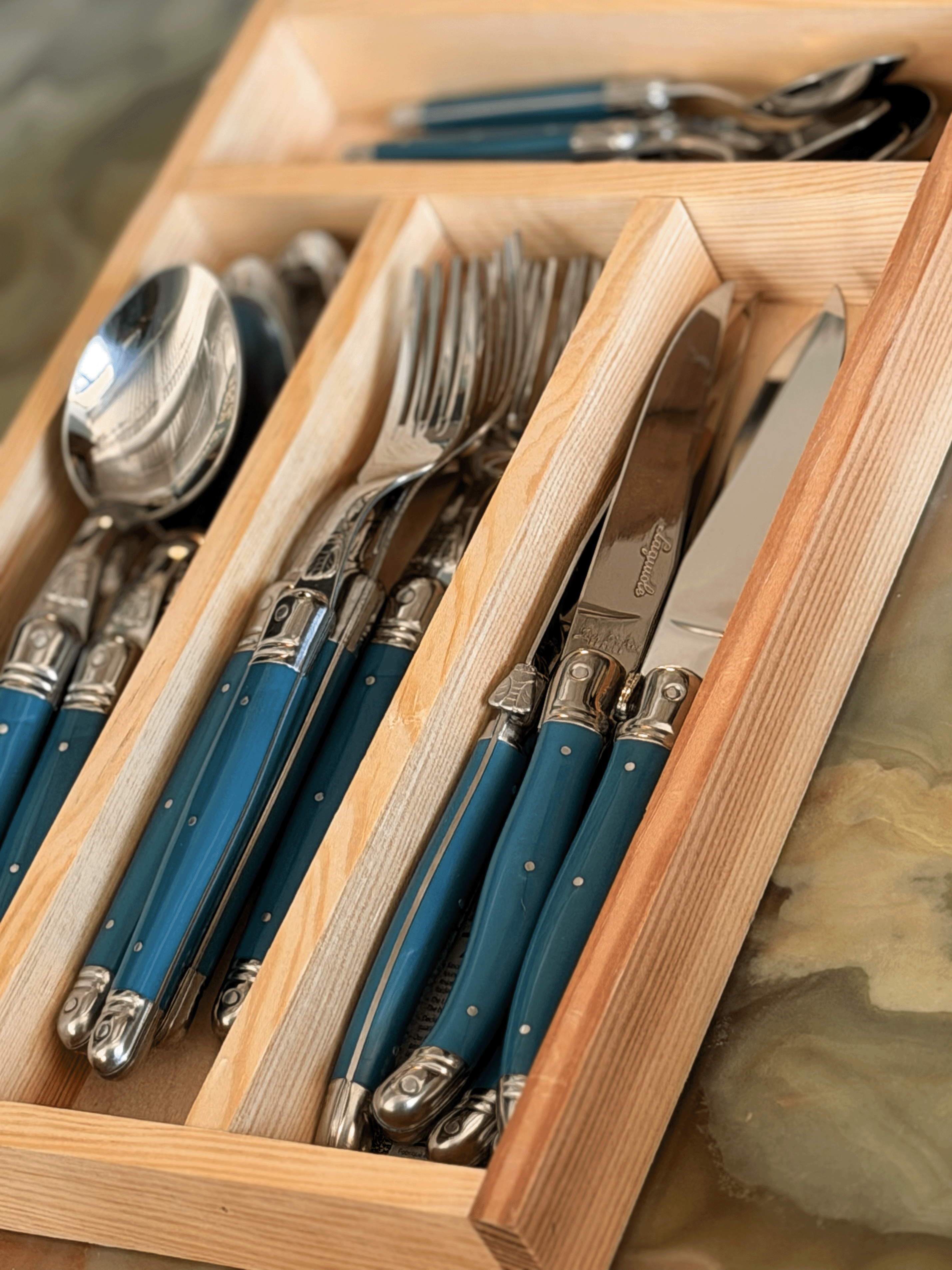 Jean Dubost Flatware in Teal, 6 Sets