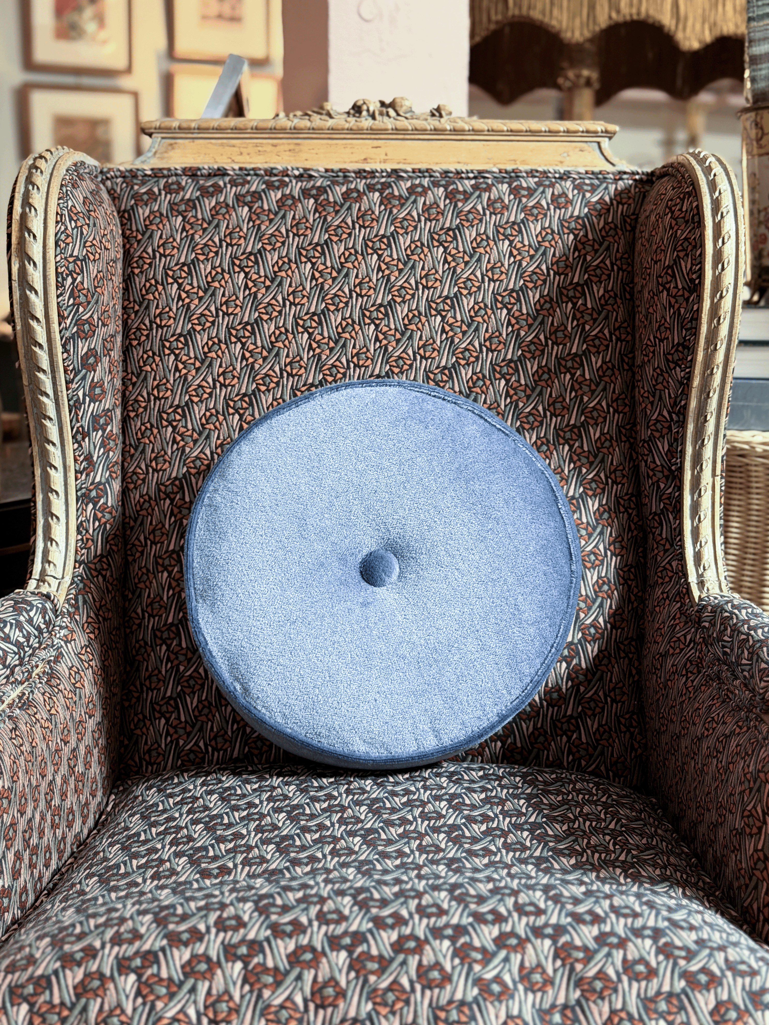 Slate Blue with Button – Round Throw Pillow