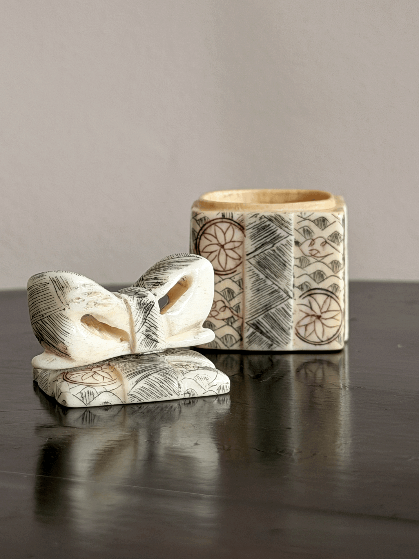 Hand-Carved Bone Trinket Boxes, with Boxes