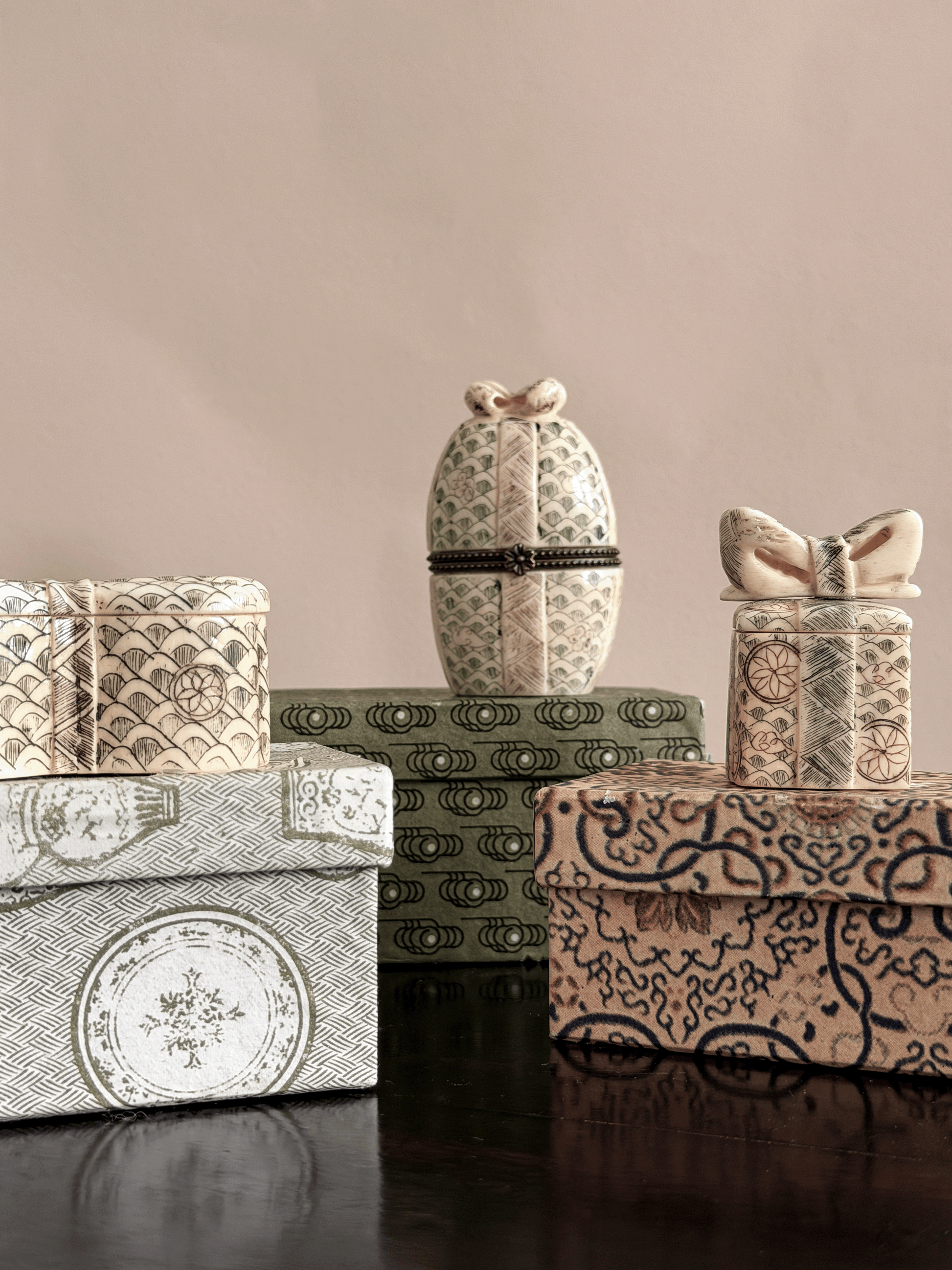Hand-Carved Bone Trinket Boxes, with Boxes