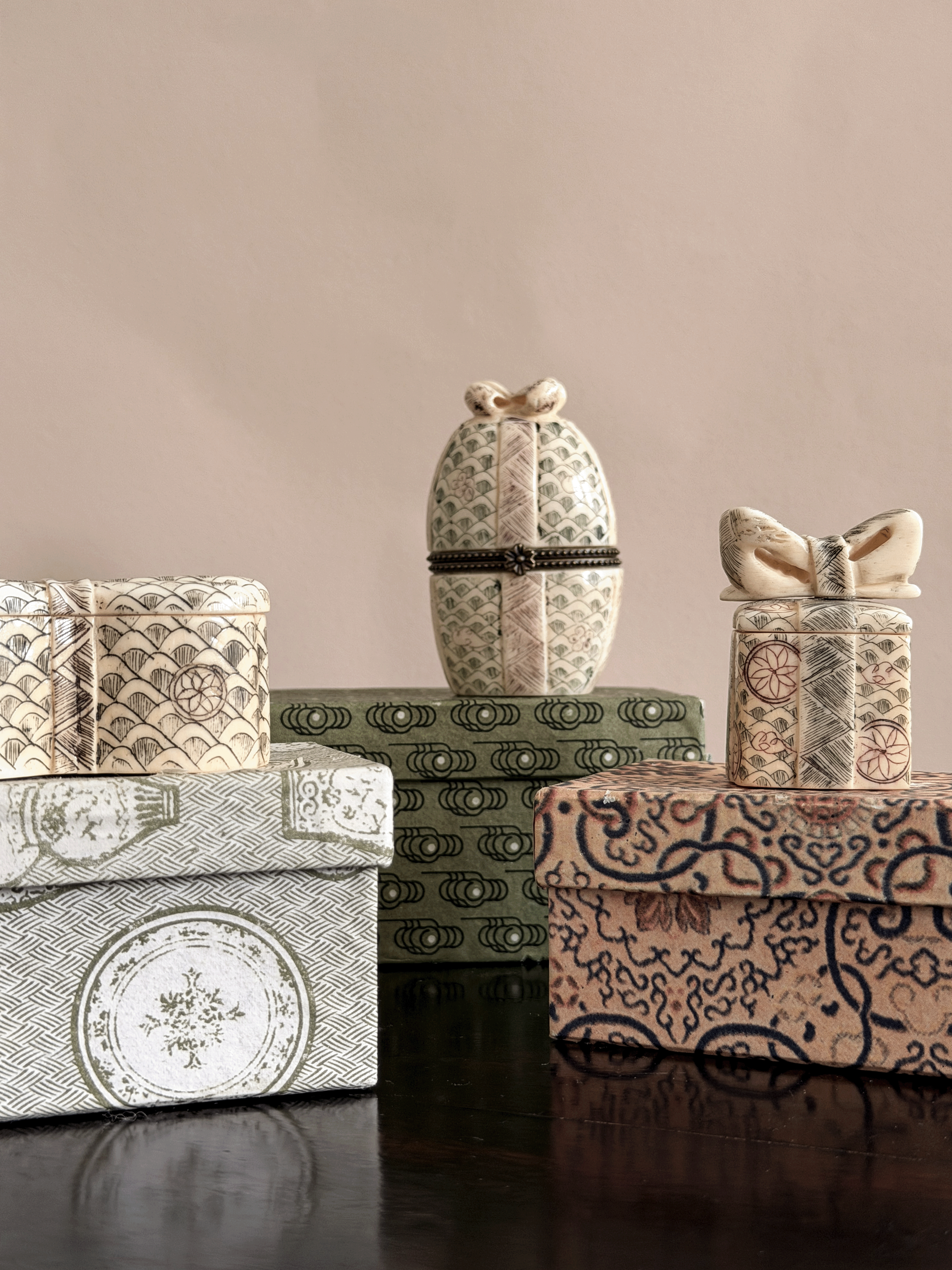 Hand-Carved Bone Trinket Boxes, with Boxes