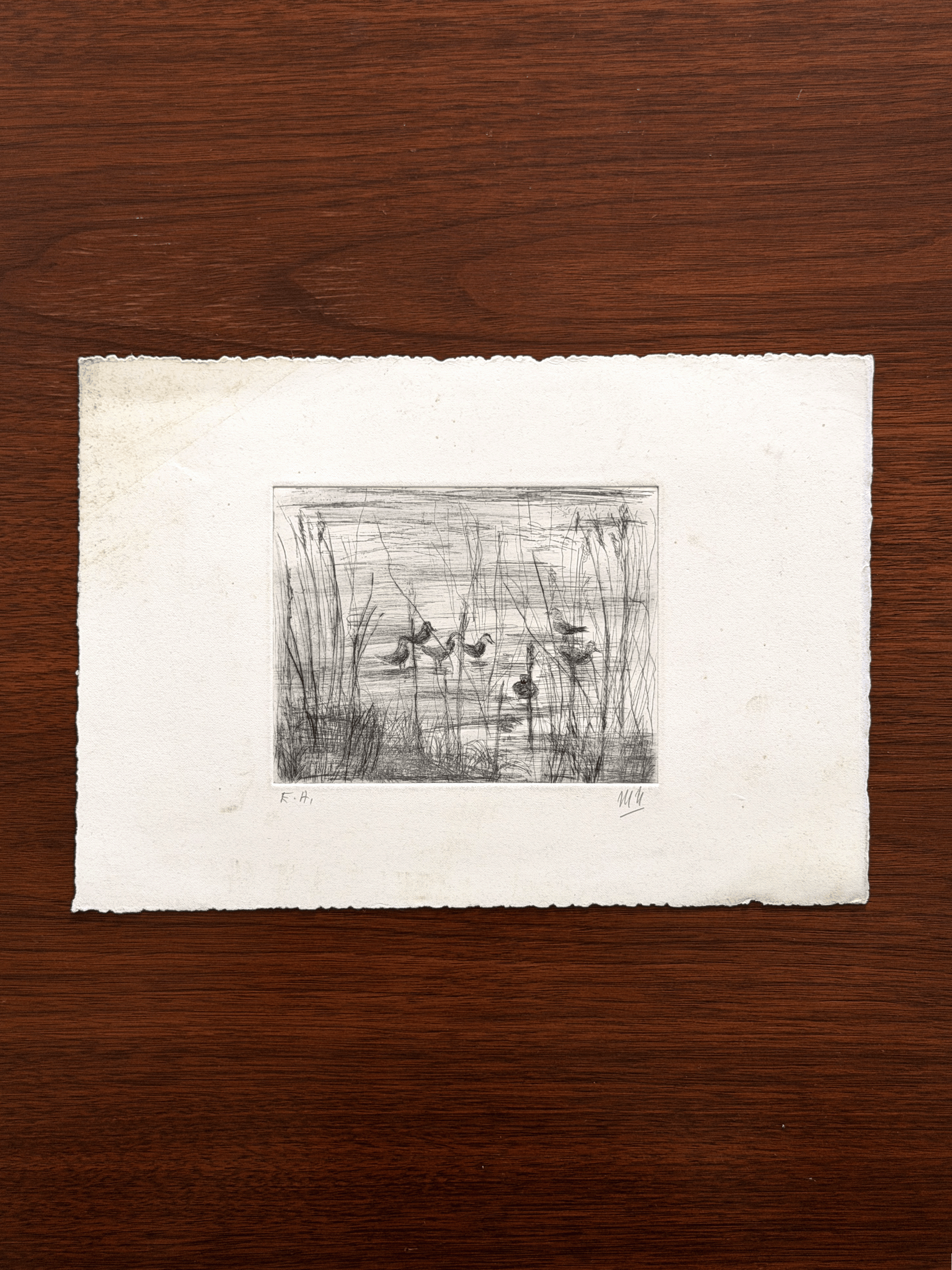 An original black and white intaglio etching printed on a rectangular sheet of white handmade paper with rough deckled edges.