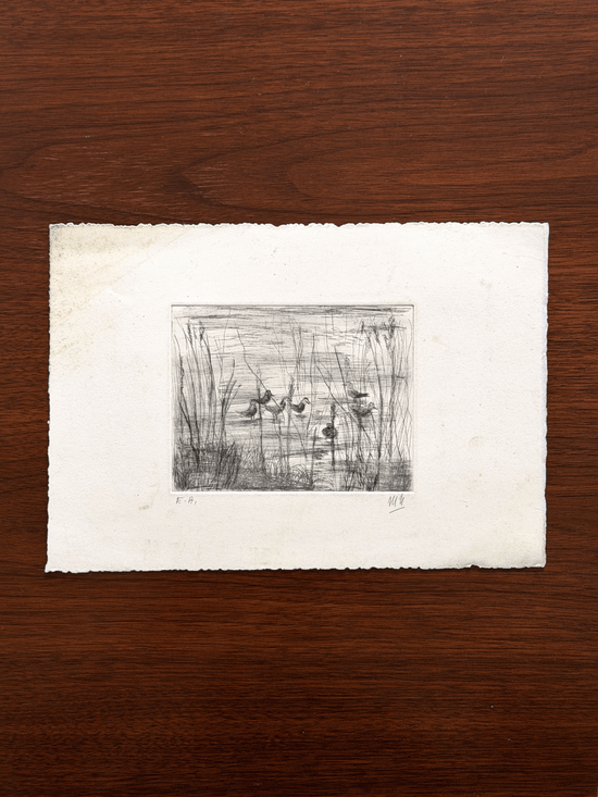 An original black and white intaglio etching printed on a rectangular sheet of white handmade paper with rough deckled edges.