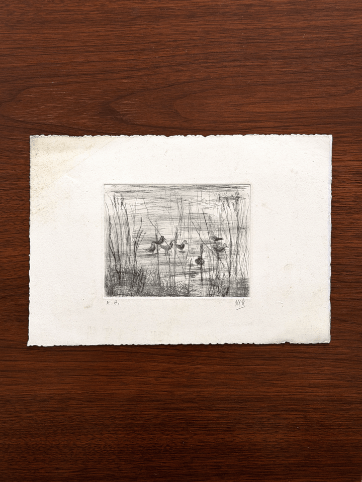 An original black and white intaglio etching printed on a rectangular sheet of white handmade paper with rough deckled edges.