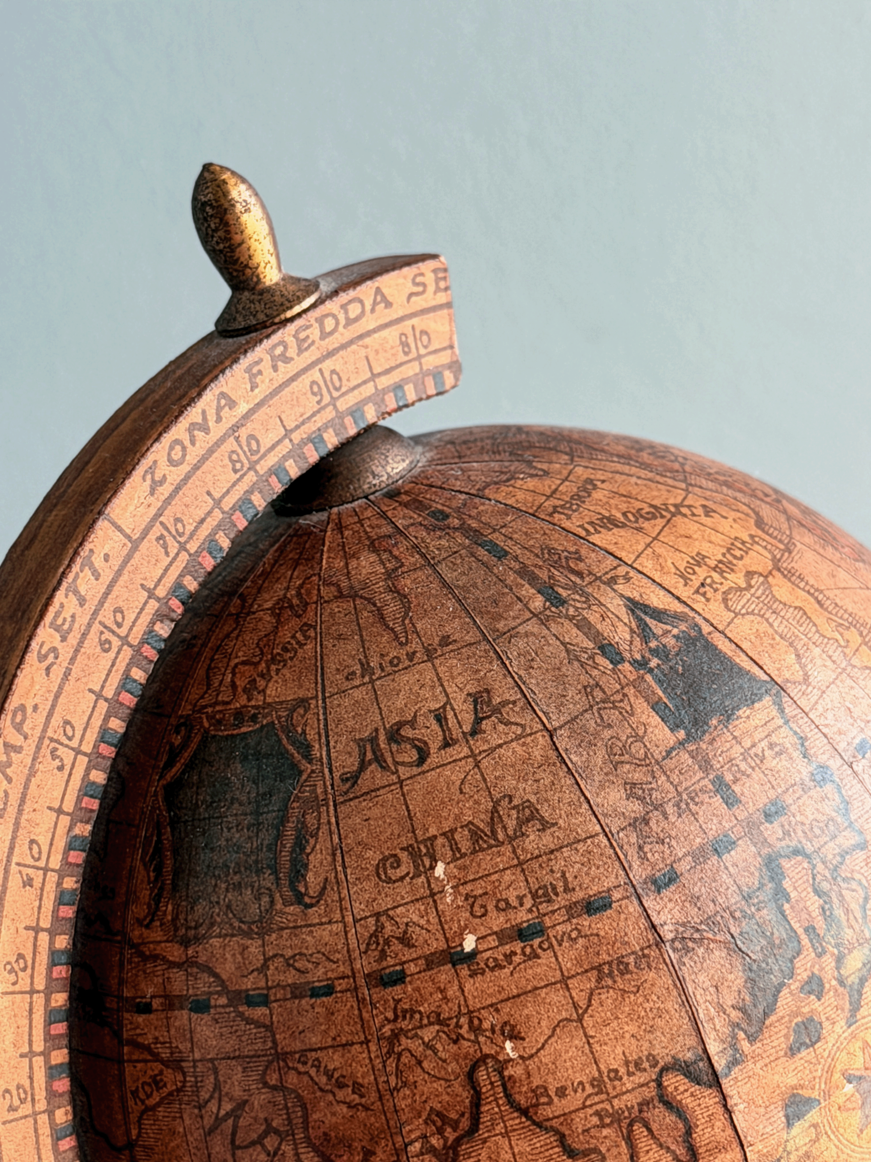 Close-up of a vintage Zoffoli Italian globe map.