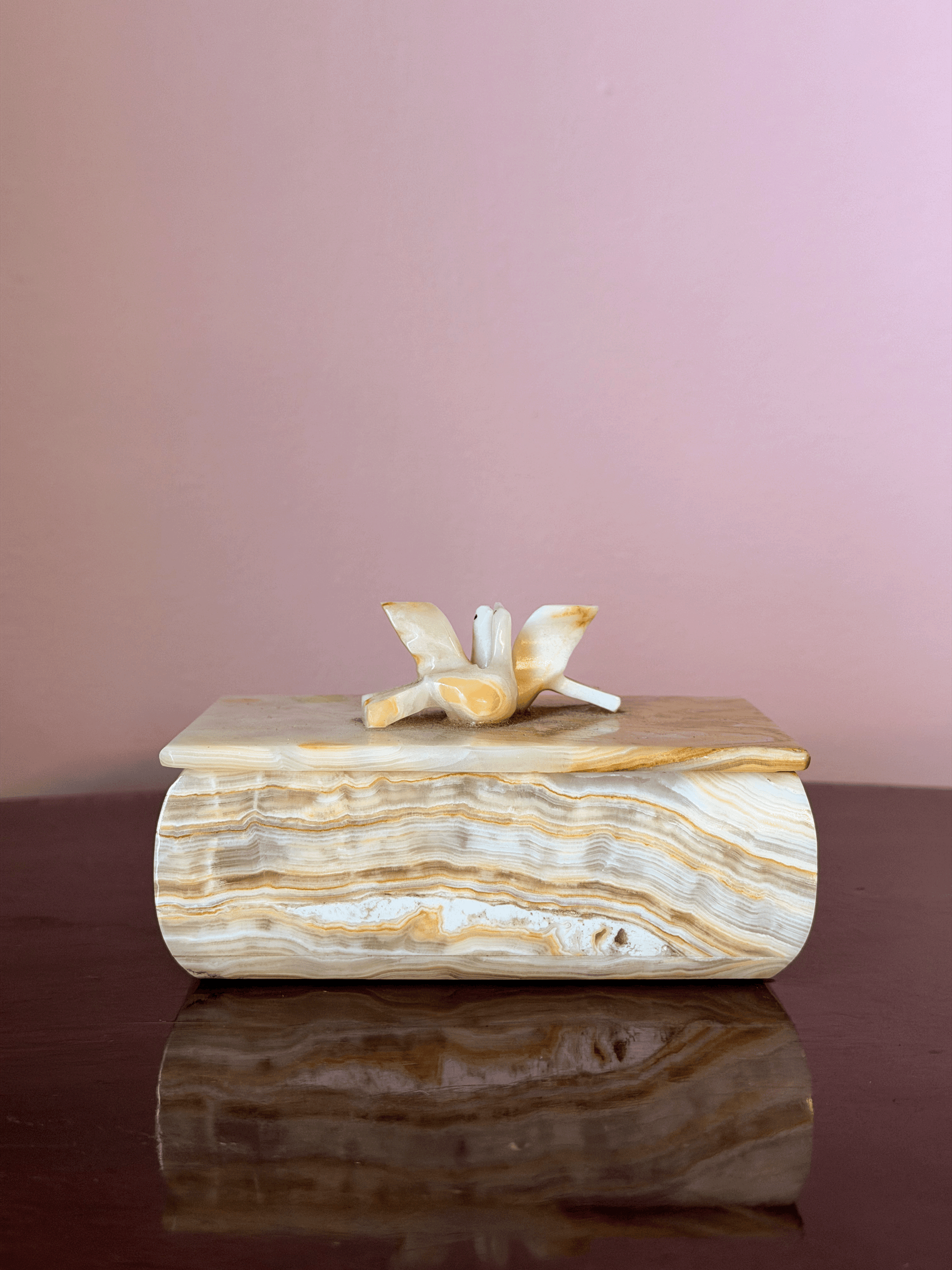 Vintage Italian Onyx Marble Box with Carved Doves Finial, 1950s–1970s