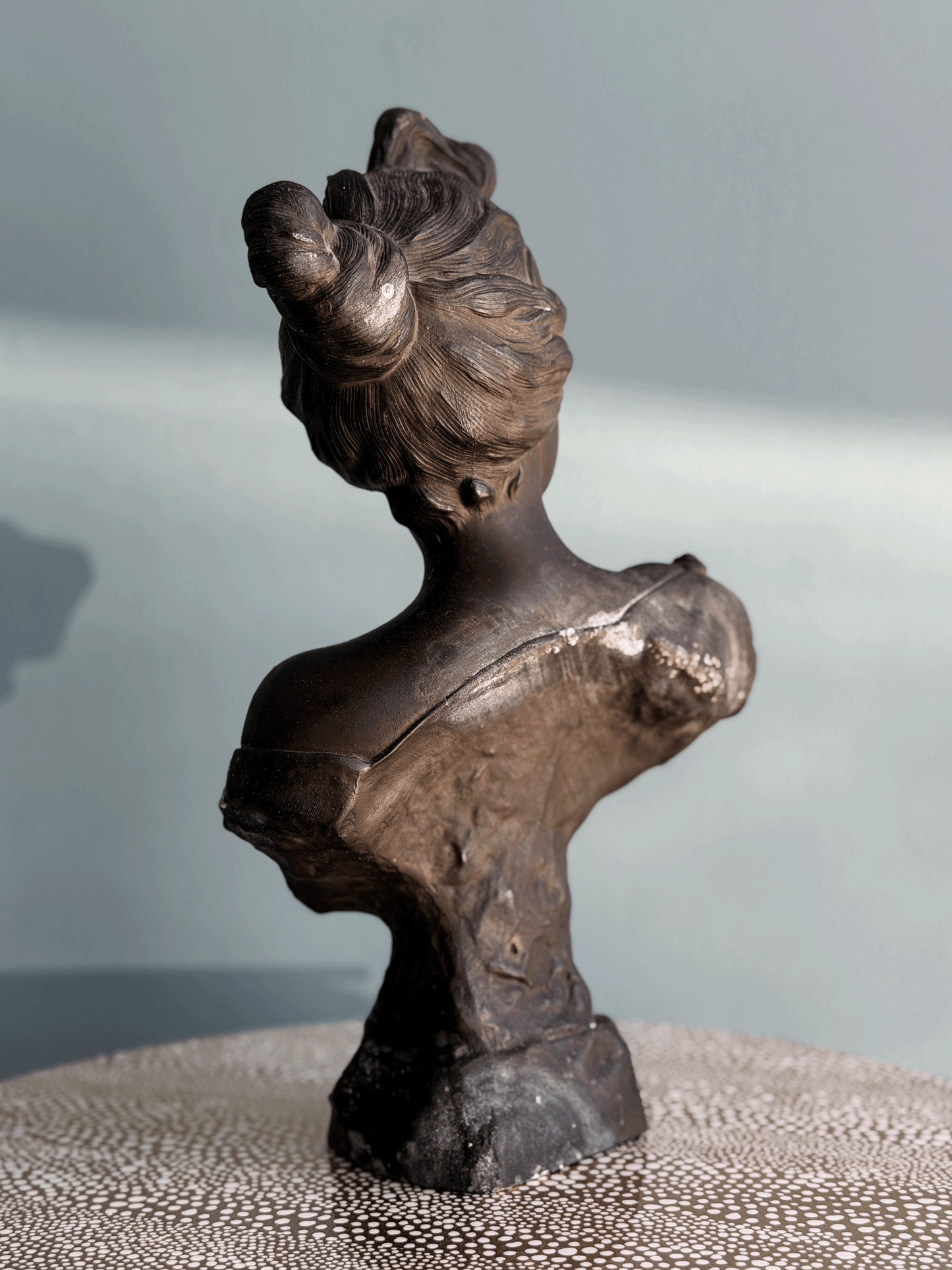 Antique Art Nouveau dark bronze spelter bust sculpture of the Greek goddess Circe with decorative coin headdress, reverse back