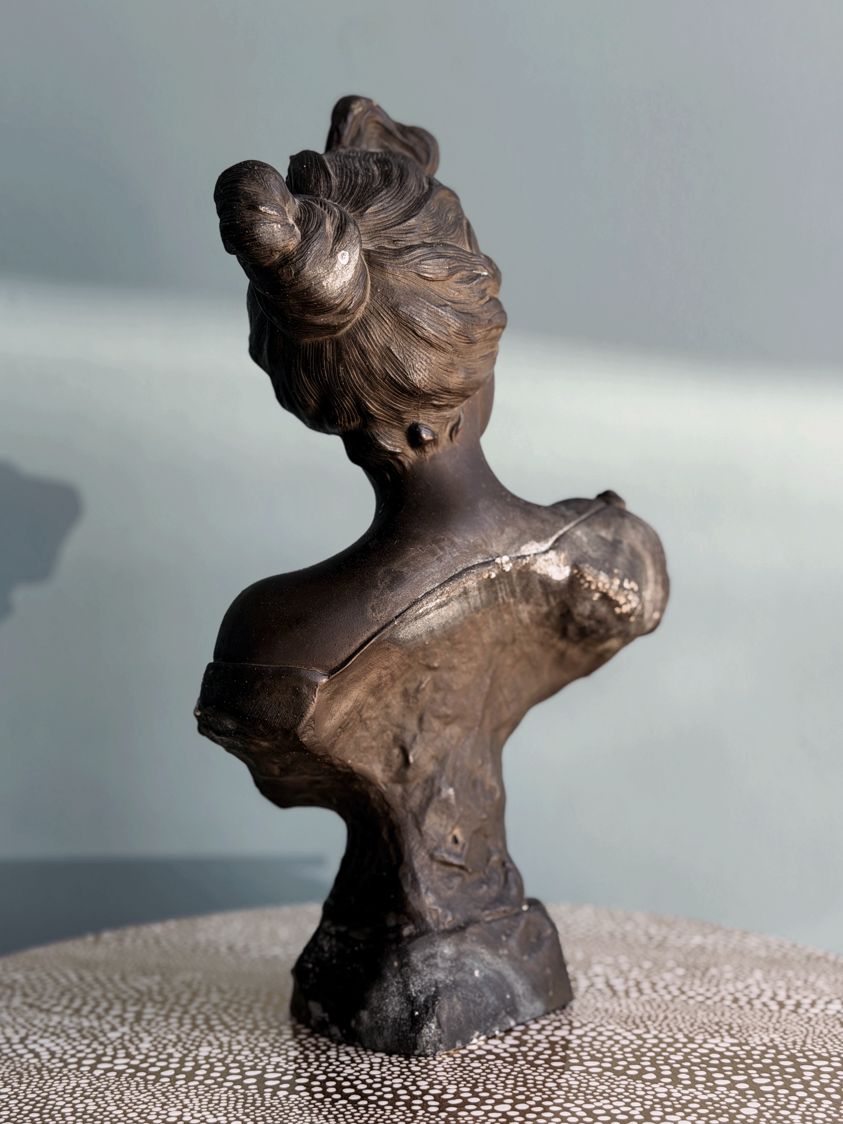 Antique Art Nouveau dark bronze spelter bust sculpture of the Greek goddess Circe with decorative coin headdress, reverse back