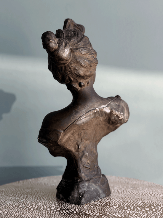 Antique Art Nouveau dark bronze spelter bust sculpture of the Greek goddess Circe with decorative coin headdress, reverse back